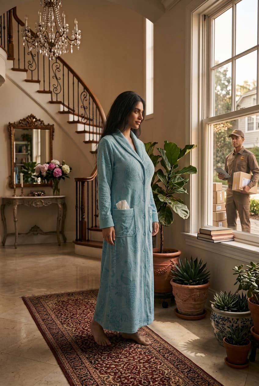 The Housecoat — quilted floor-length housecoat, belted, hands in pockets