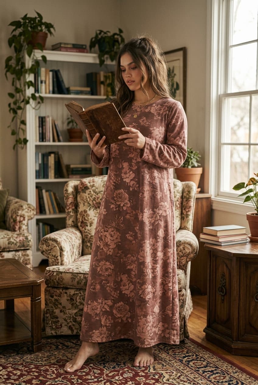 The No. 1 — ankle-length faded-floral cotton nightgown, high neck, long sleeves